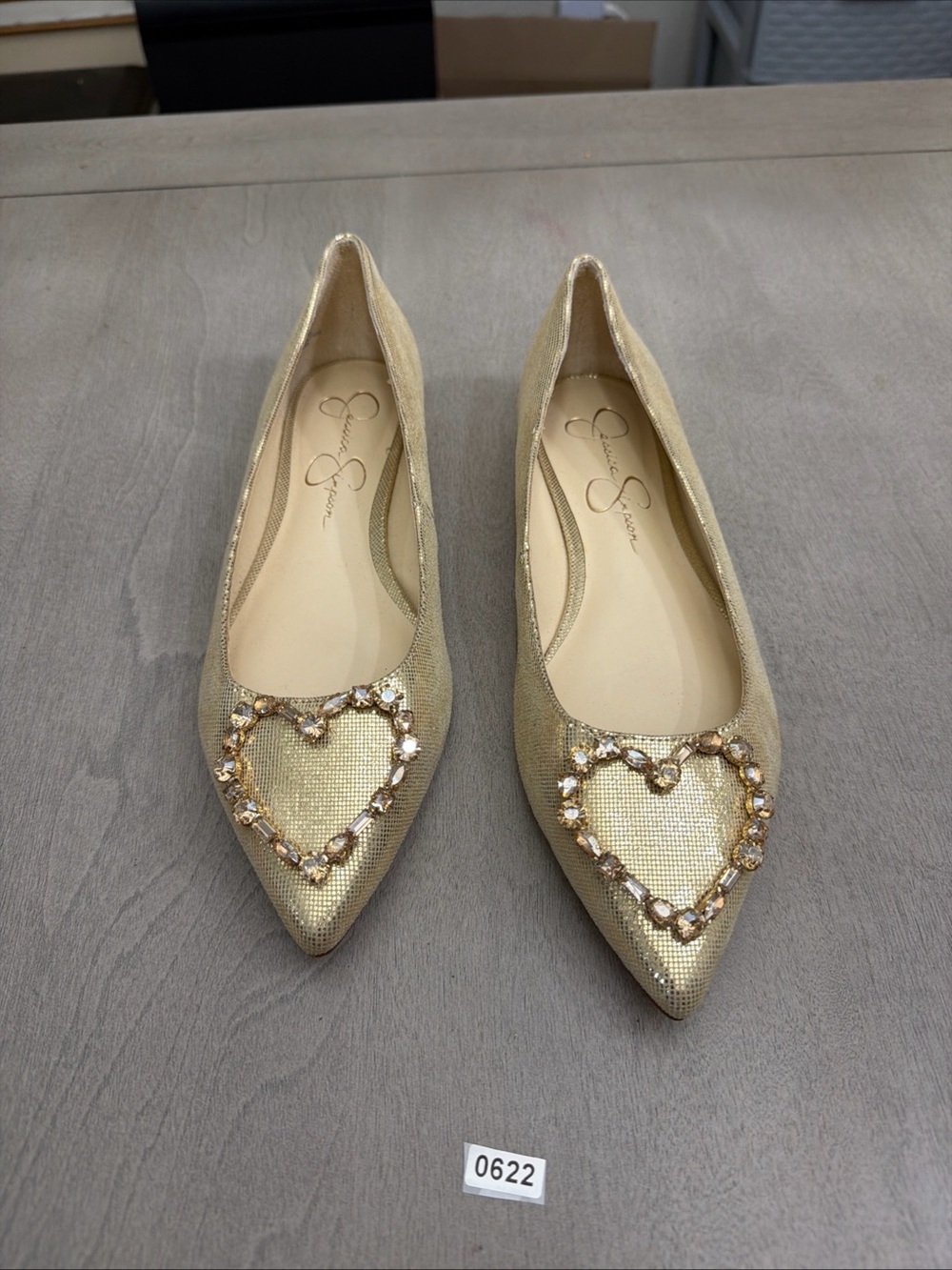 Jessica Simpson Metallic Gold Pointed-Toe Flats with Jeweled Heart
